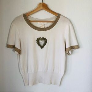 Vintage Escada Embellished Short Sleeve Cream Sweater Women’s 8-10 w/ Heart 80s